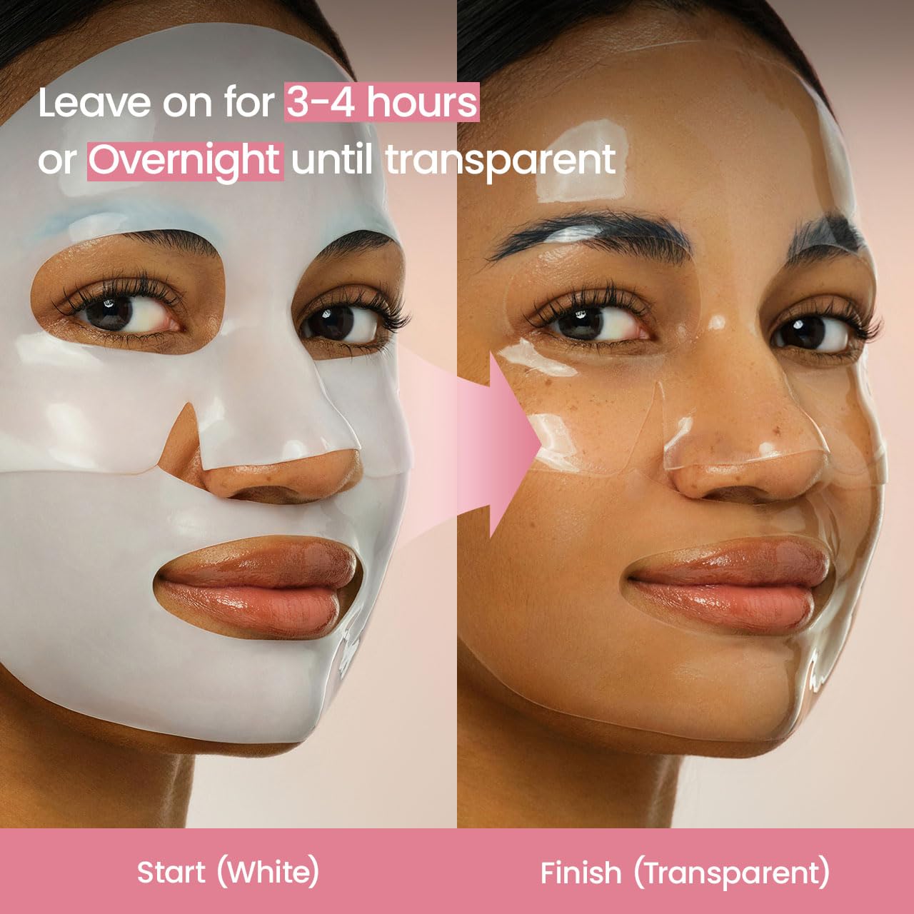 BIODANCE Bio Collagen Hydrogel Face Mask before and after application showing white mask turning transparent after 3-4 hours or overnight for deep hydration and skin glow