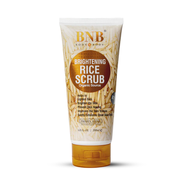 Tube of BNB Brightening Rice Scrub on a white background