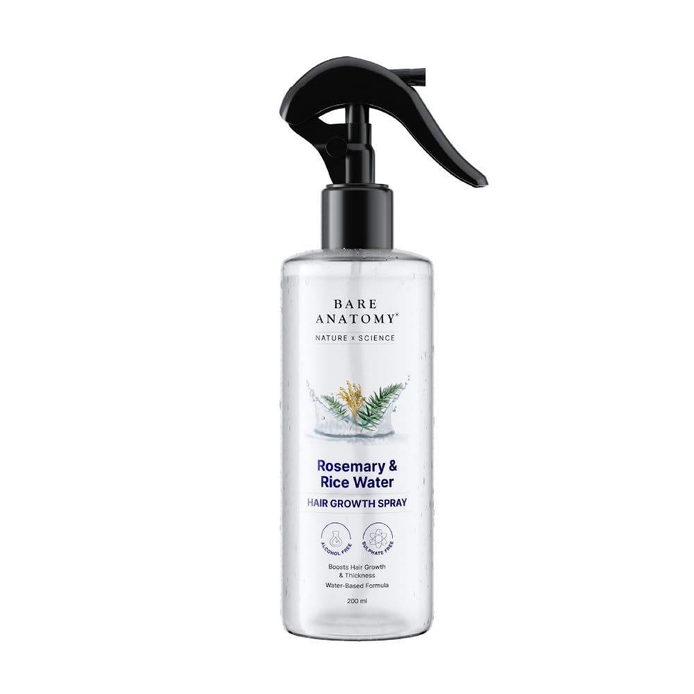 Bare Anatomy Rosemary & Rice Water Hair Growth Spray in a 200ml spray bottle. Water-based formula enriched with rosemary and rice water to support hair growth, improve hair thickness, reduce hair fall, and promote healthier, stronger-looking hair. Alcohol-free, sulphate-free, and suitable for daily scalp and hair care.