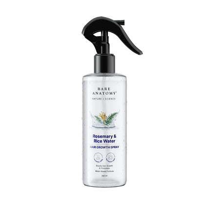 Bare Anatomy Rosemary & Rice Water Hair Growth Spray in a 200ml spray bottle. Water-based formula enriched with rosemary and rice water to support hair growth, improve hair thickness, reduce hair fall, and promote healthier, stronger-looking hair. Alcohol-free, sulphate-free, and suitable for daily scalp and hair care.