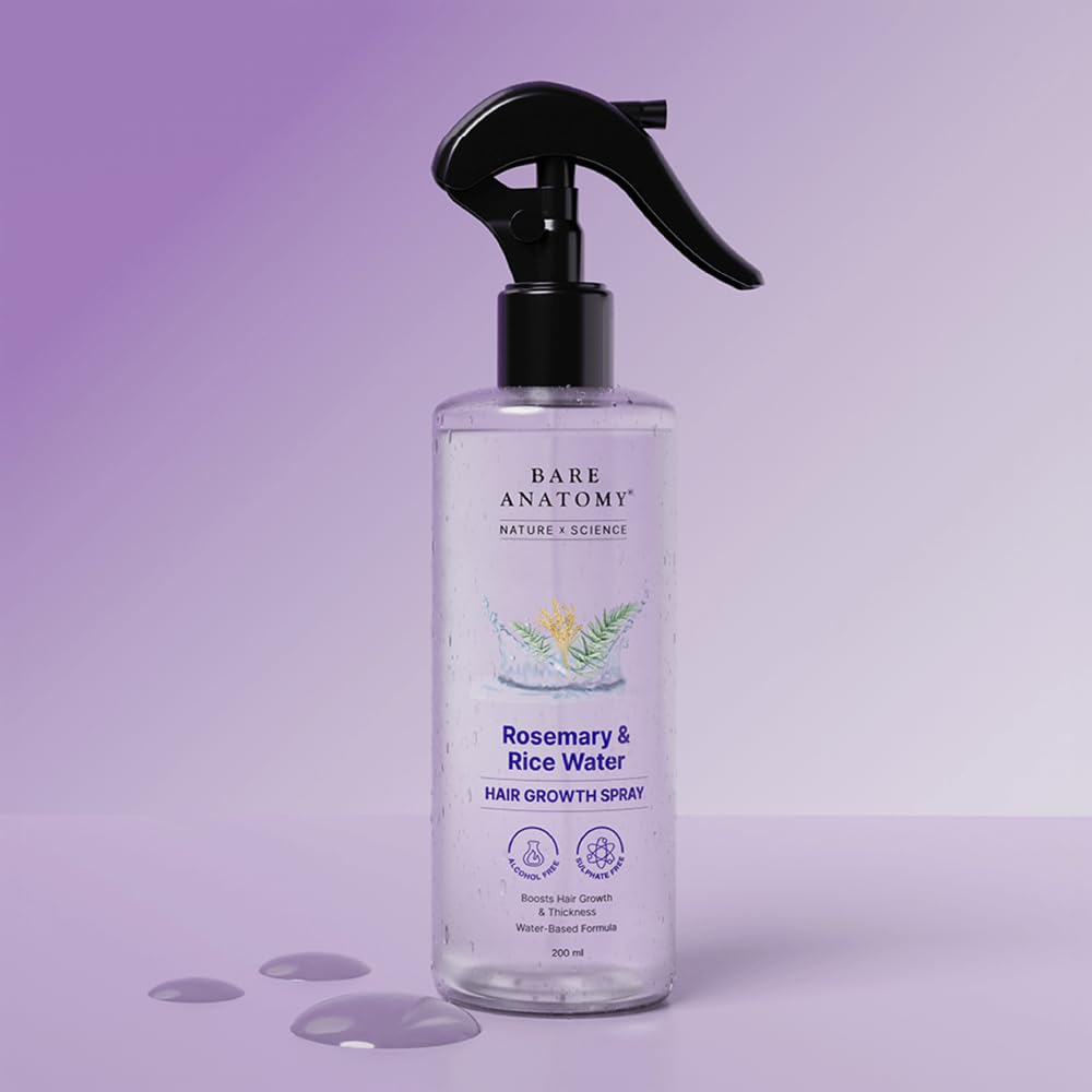 Product image of Bare Anatomy Rosemary & Rice Water Hair Growth Spray in a 200ml spray bottle. Lightweight water-based formula enriched with rosemary and rice water extracts to promote hair growth, improve hair thickness, reduce hair fall, and support healthier, stronger, and shinier hair. Alcohol-free and sulphate-free hair care spray.