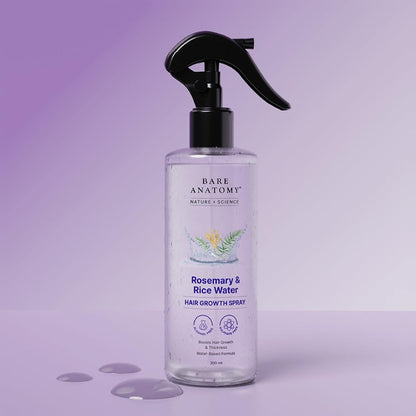Product image of Bare Anatomy Rosemary & Rice Water Hair Growth Spray in a 200ml spray bottle. Lightweight water-based formula enriched with rosemary and rice water extracts to promote hair growth, improve hair thickness, reduce hair fall, and support healthier, stronger, and shinier hair. Alcohol-free and sulphate-free hair care spray.