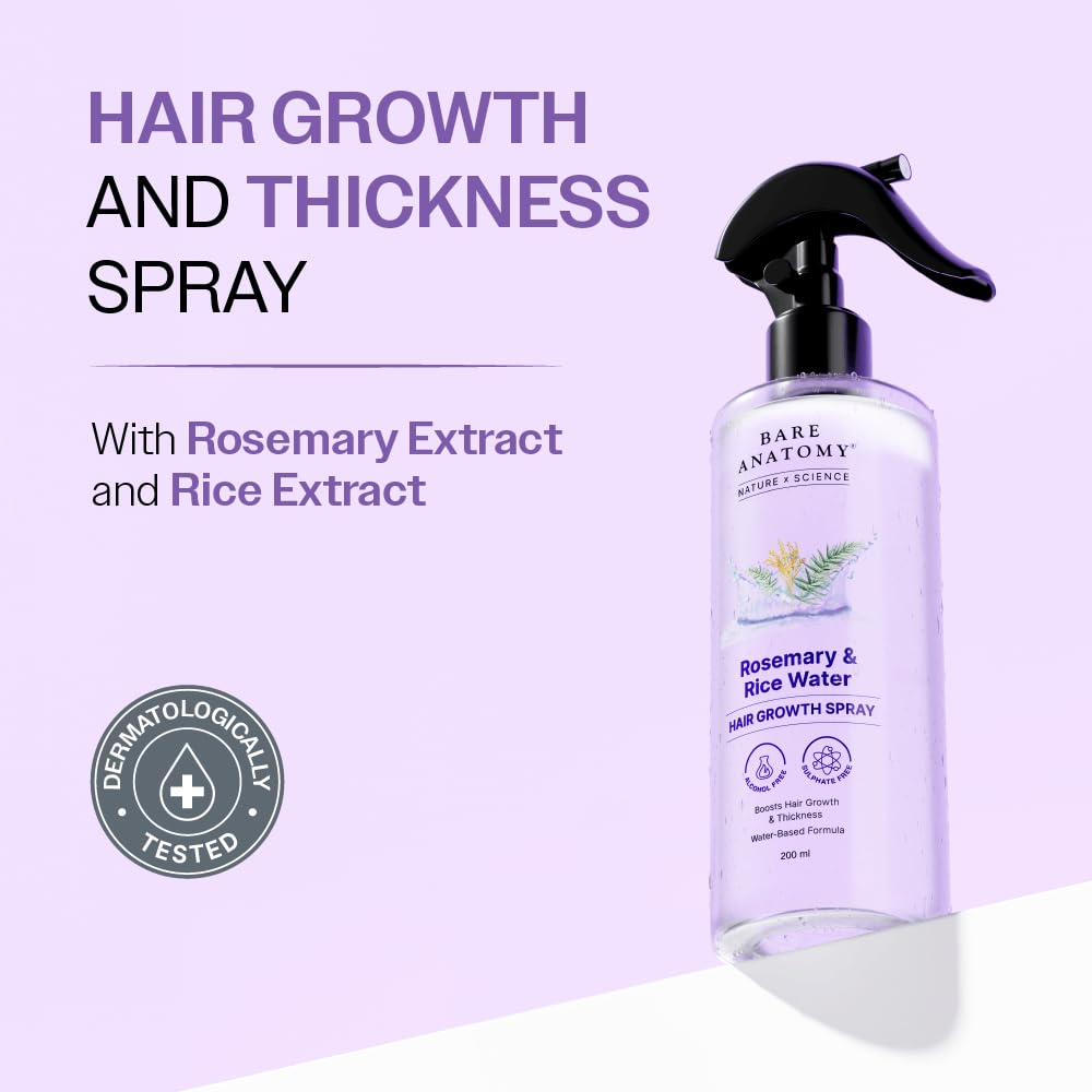 Promotional image of Bare Anatomy Rosemary & Rice Water Hair Growth & Thickness Spray featuring rosemary extract and rice extract. Dermatologically tested formula designed to support hair growth, improve hair thickness, strengthen hair roots, reduce hair fall, and promote healthier-looking hair with a lightweight water-based spray.