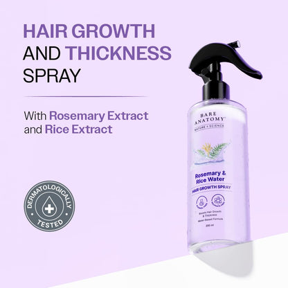 Promotional image of Bare Anatomy Rosemary & Rice Water Hair Growth & Thickness Spray featuring rosemary extract and rice extract. Dermatologically tested formula designed to support hair growth, improve hair thickness, strengthen hair roots, reduce hair fall, and promote healthier-looking hair with a lightweight water-based spray.