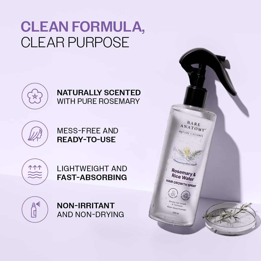 Product benefits infographic for Bare Anatomy Rosemary & Rice Water Hair Growth Spray highlighting its clean, lightweight formula. Features naturally scented rosemary extract, mess-free ready-to-use application, fast-absorbing non-greasy texture, and a non-irritating, non-drying formula designed to support healthy hair growth and scalp care.