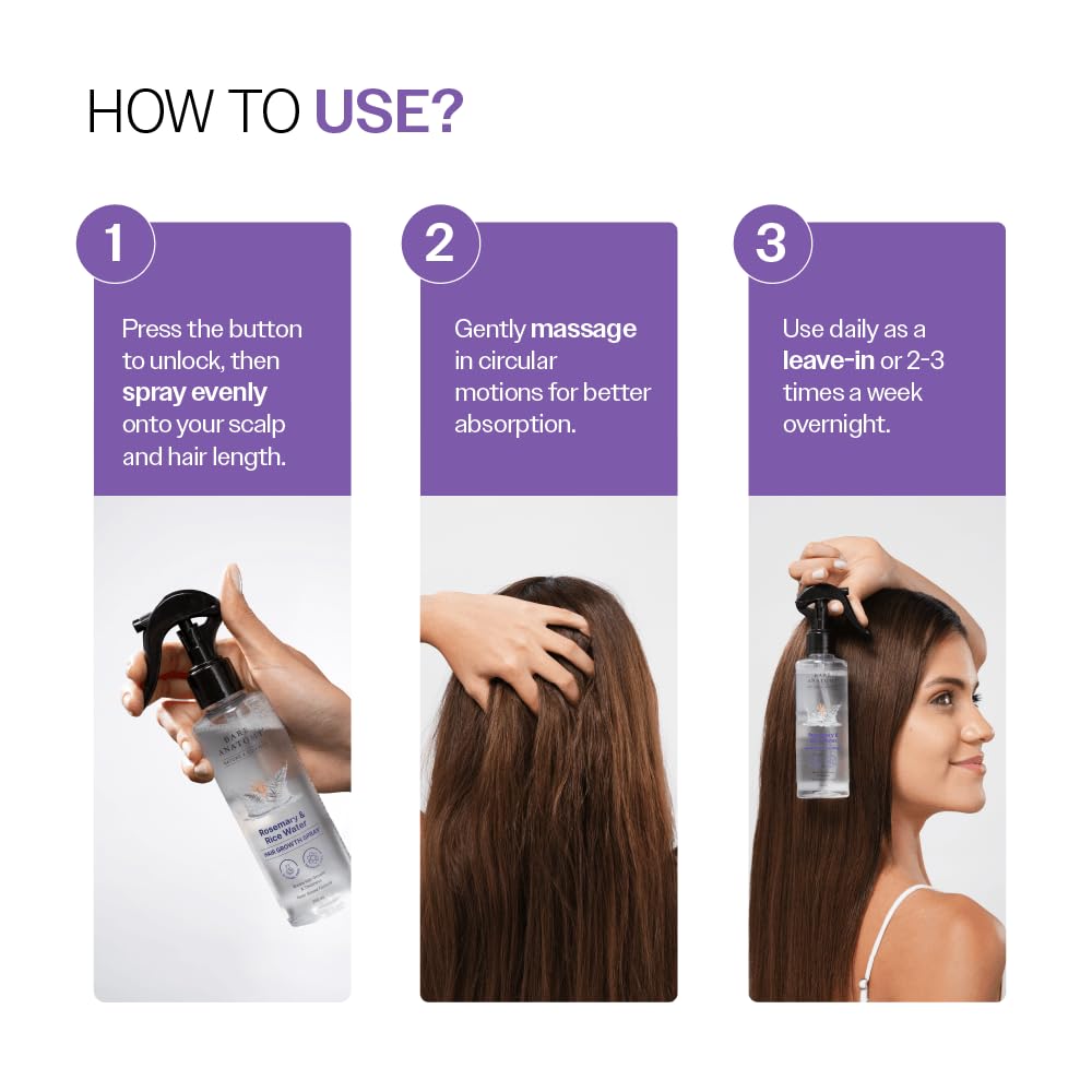 Step-by-step usage guide for Bare Anatomy Rosemary & Rice Water Hair Growth Spray. Instructions show how to unlock and spray evenly onto the scalp and hair, gently massage in circular motions for better absorption, and use daily as a leave-in treatment or 2–3 times weekly overnight for healthier, thicker-looking hair.