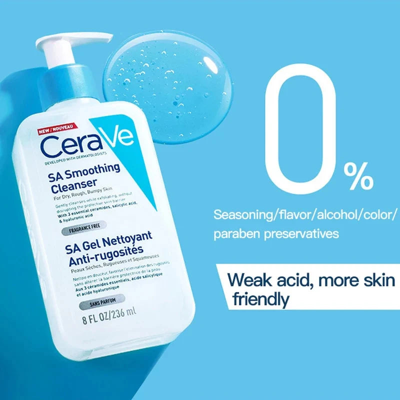 CeraVe SA Smoothing Cleanser bottle with blue gel and text on a blue background