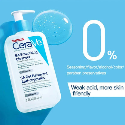 CeraVe SA Smoothing Cleanser bottle with blue gel and text on a blue background
