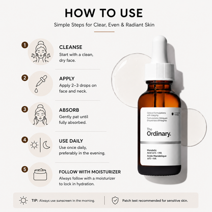 Step-by-step usage guide for The Ordinary Mandelic Acid 10% + HA serum. Instructions show cleansing the face, applying 2–3 drops to the face and neck, gently patting until absorbed, using once daily in the evening, and following with a moisturizer. The guide also recommends daily sunscreen use and patch testing for sensitive skin to achieve a clearer, smoother, and more radiant complexion.