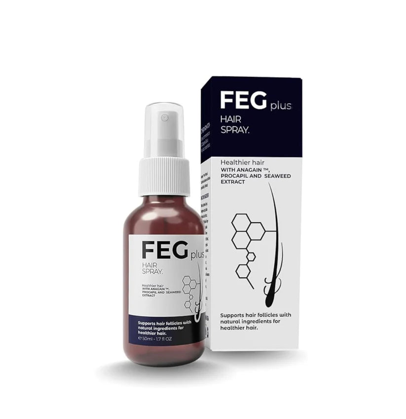 FEG hair spray bottle and packaging on a white background