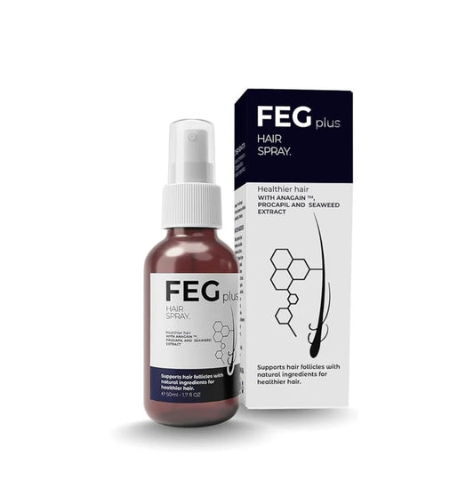 FEG hair spray bottle and packaging on a white background