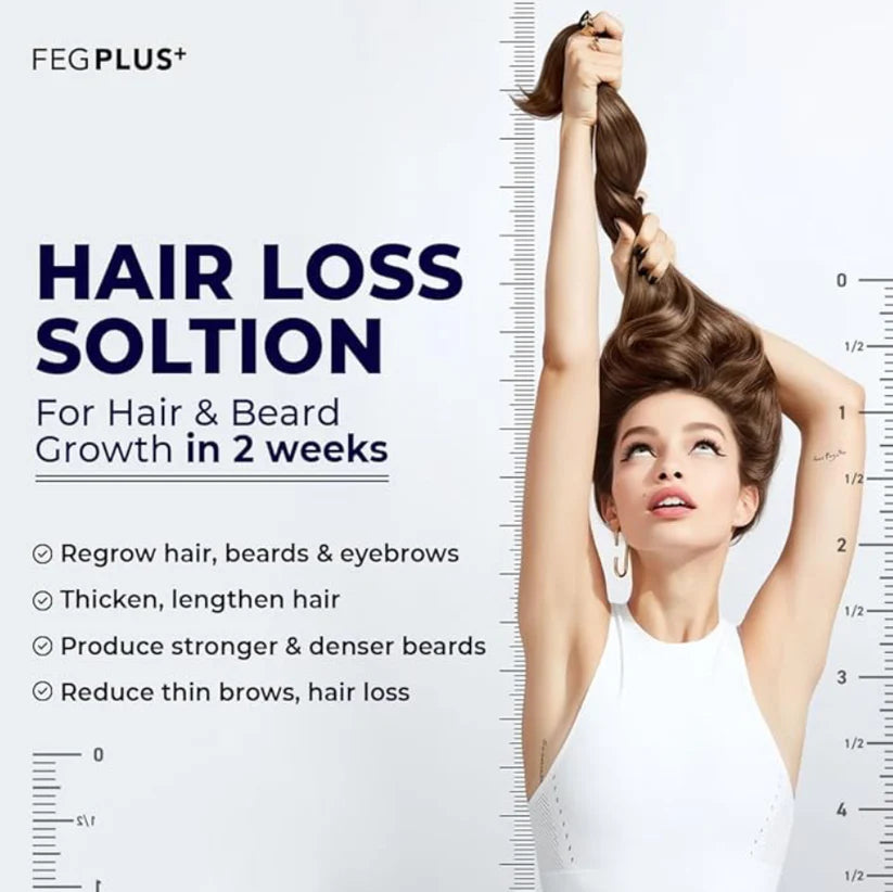 Advertisement for FEG PLUS+ hair loss solution with a woman holding her hair, showing text about hair and beard growth benefits.