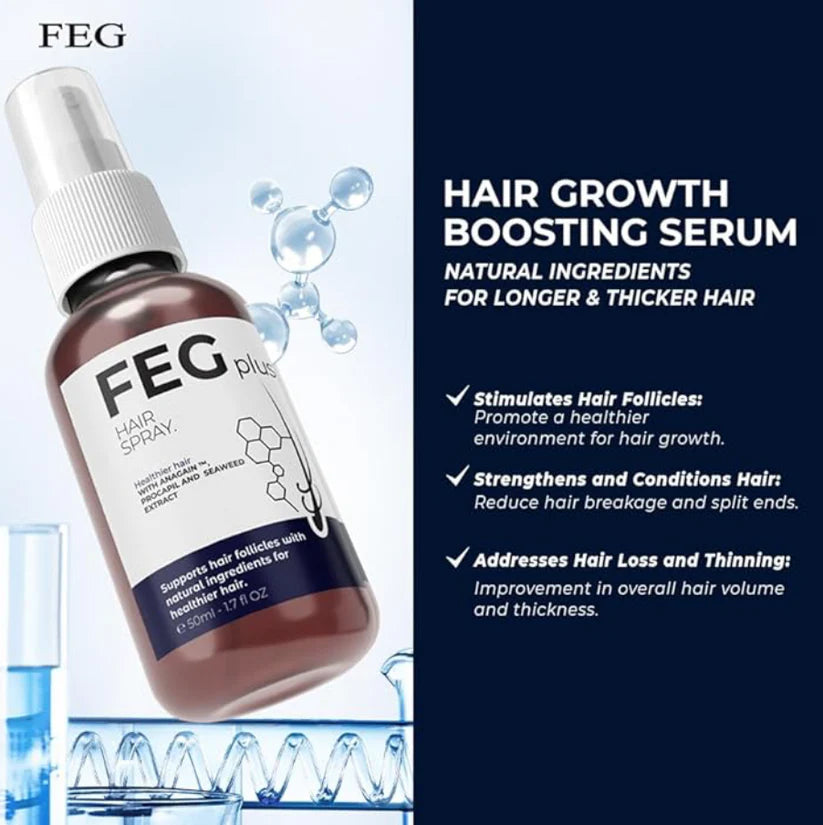 FEG hair growth boosting serum bottle with product details on a blue and white background