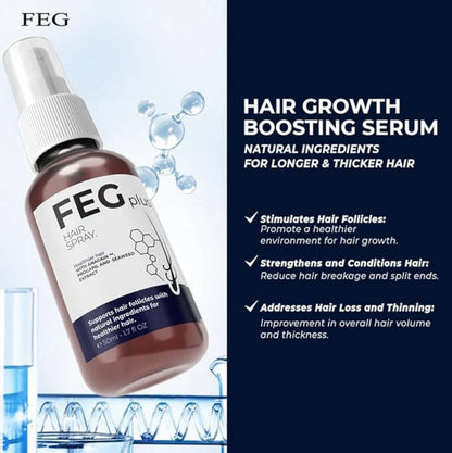 FEG hair growth boosting serum bottle with product details on a blue and white background