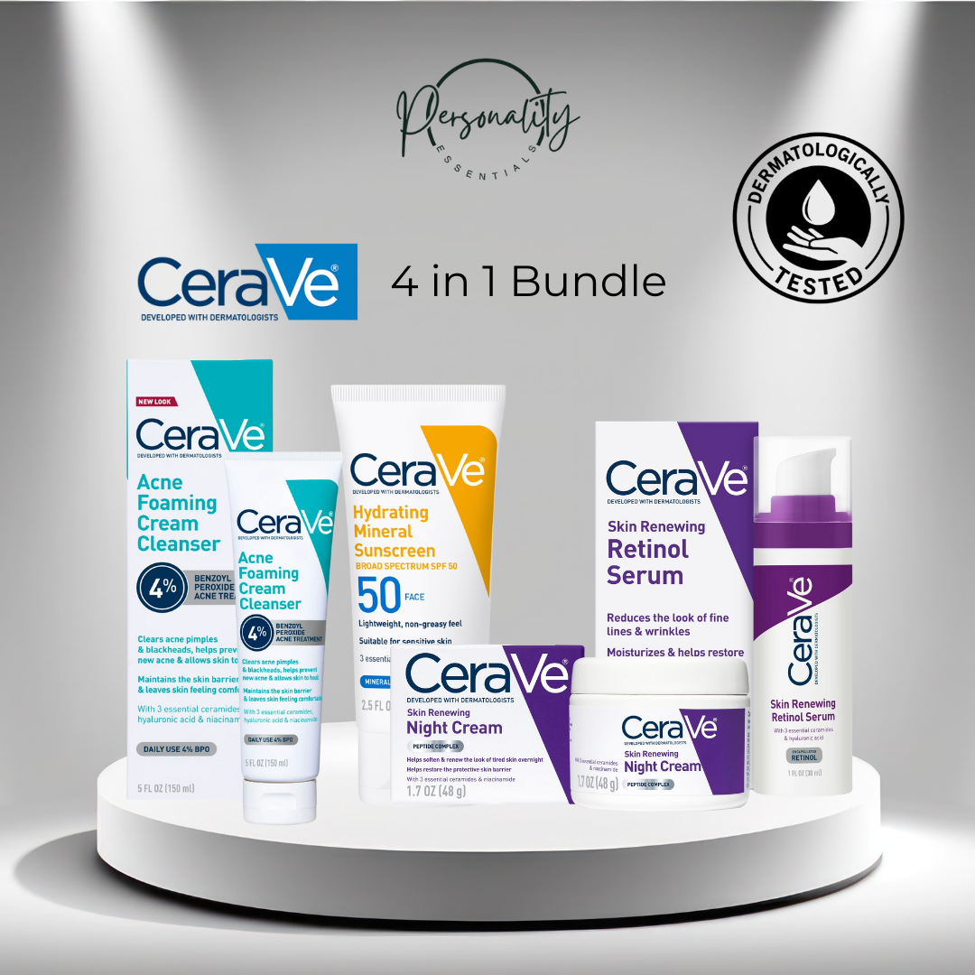 CeraVe skincare products displayed on a stand with 'Personality Essential' branding.