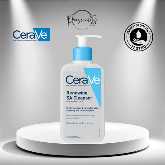 CeraVe Renewing SA Cleanser bottle on a gray background