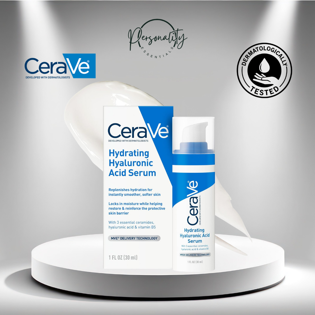CeraVe Hydrating Hyaluronic Acid Serum packaging on a gray background