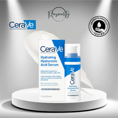 CeraVe Hydrating Hyaluronic Acid Serum packaging on a gray background