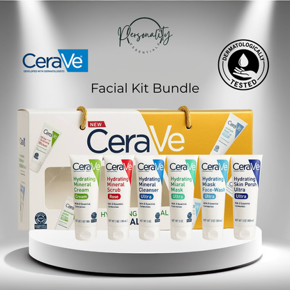 CeraVe facial kit bundle with various skincare products on a gray background