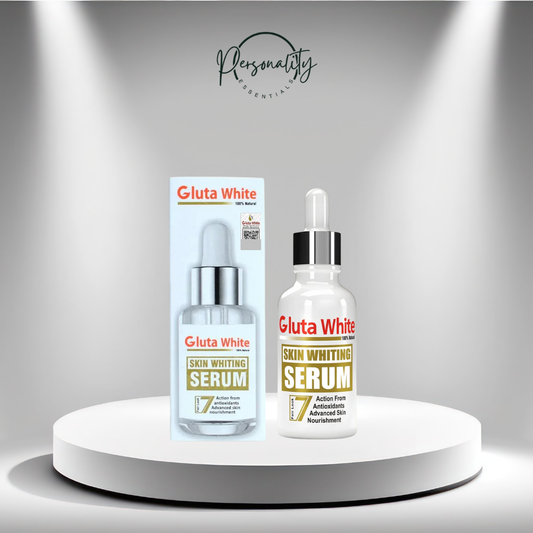 Gluta White skin whitening serum with packaging on a gray background