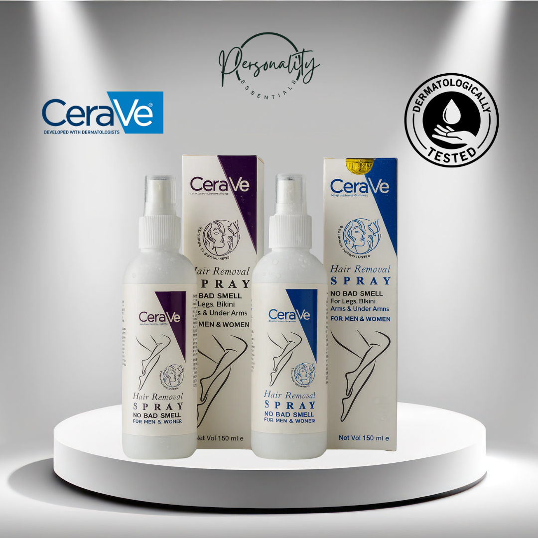 CeraVe hair removal spray bottles and packaging on a white platform with 'Dermatologically Tested' label.
