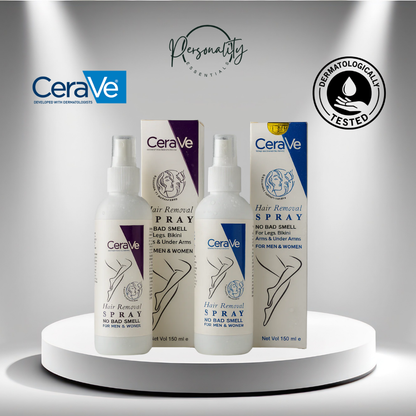 CeraVe hair removal spray bottles and packaging on a white platform with 'Dermatologically Tested' label.