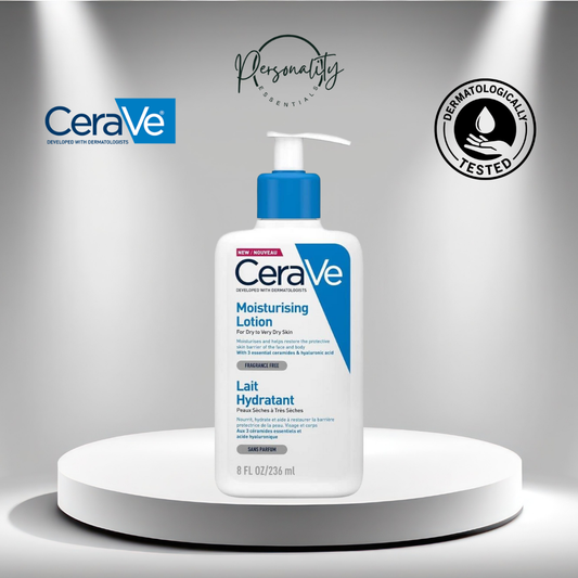 CeraVe moisturizing lotion bottle on a gray background with brand logos.