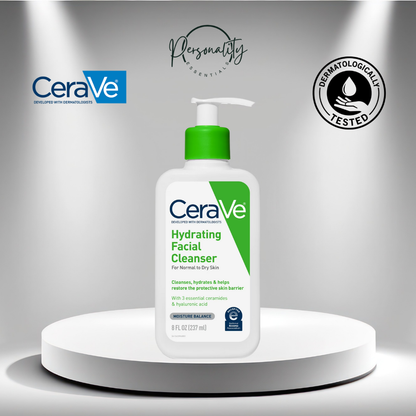 CeraVe hydrating facial cleanser bottle on a gray background with brand logos.