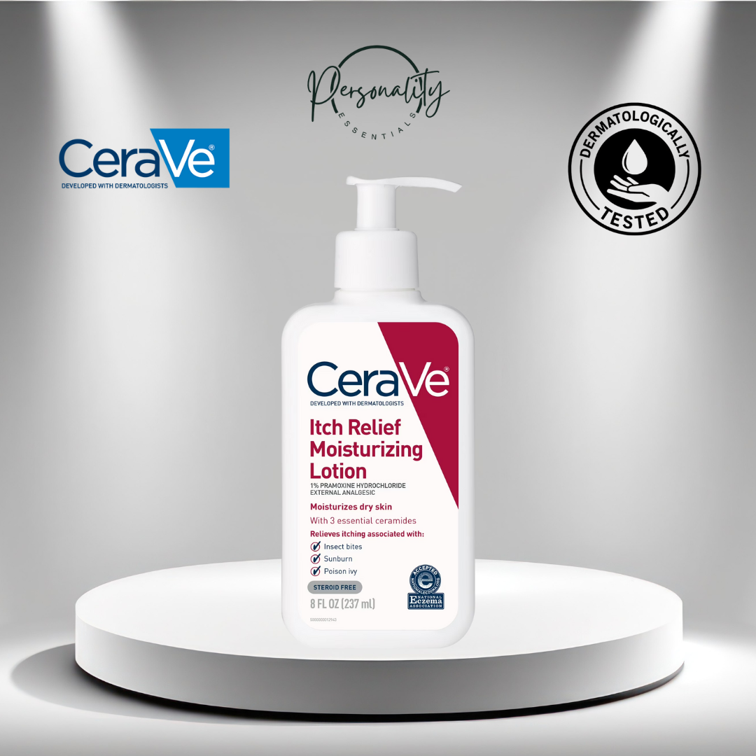 CeraVe Itch Relief Moisturizing Lotion bottle on a gray background