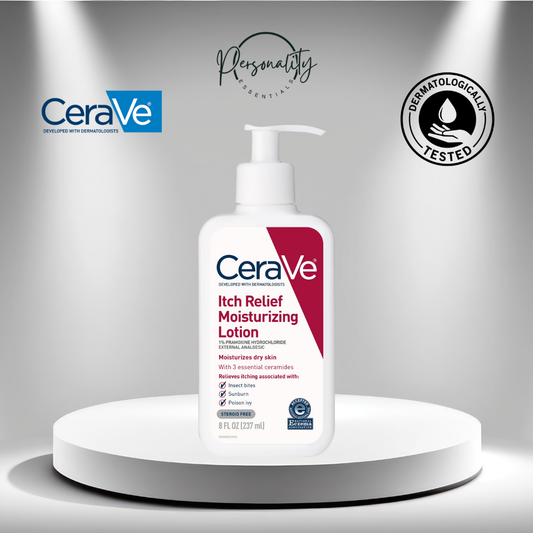 CeraVe Itch Relief Moisturizing Lotion bottle on a gray background