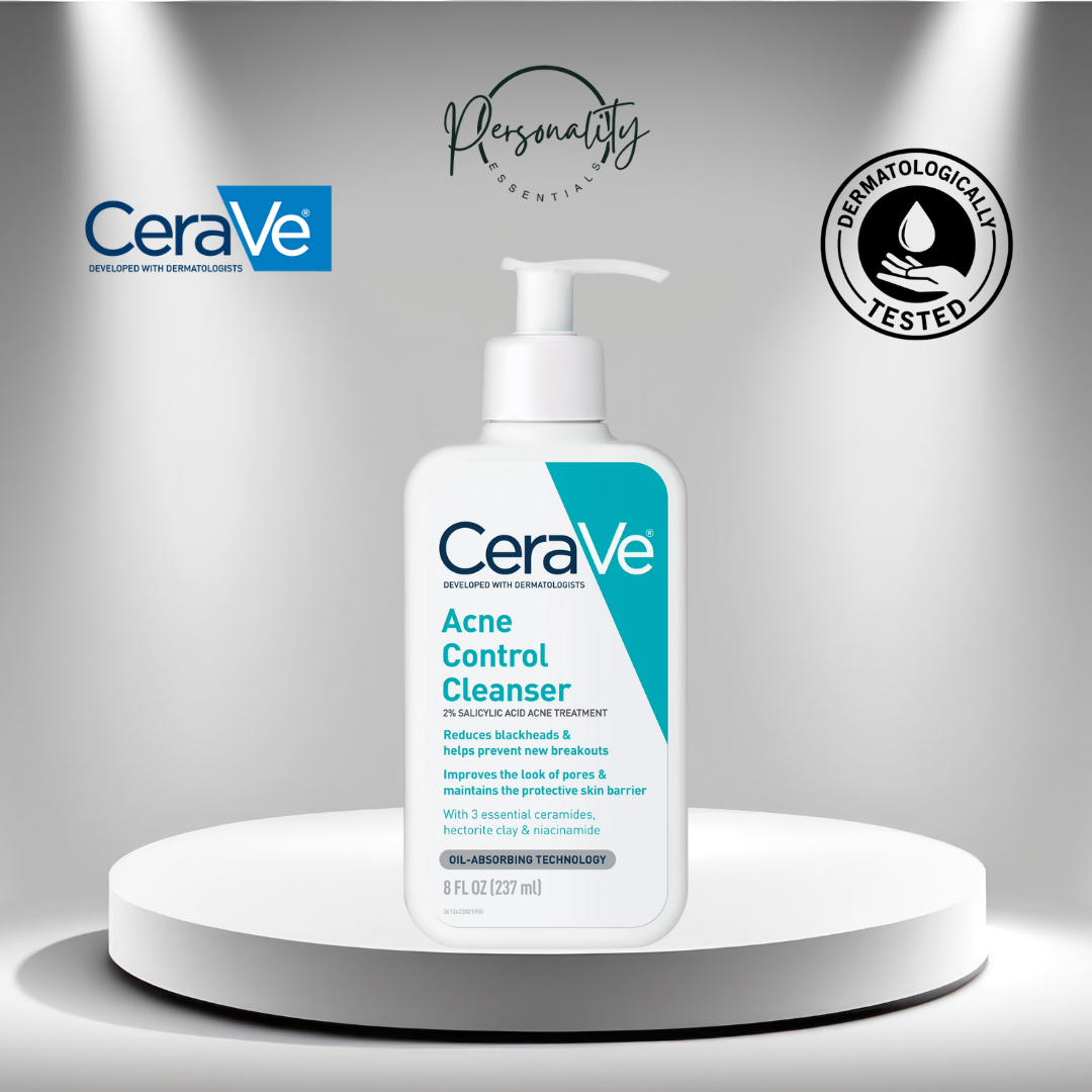 CeraVe Acne Control Cleanser bottle on a gray background with CeraVe logo.
