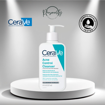 CeraVe Acne Control Cleanser bottle on a gray background with CeraVe logo.