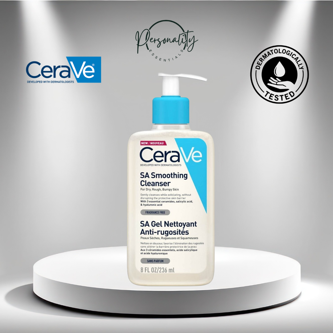 CeraVe SA Smoothing Cleanser bottle on a gray background with CeraVe logo.