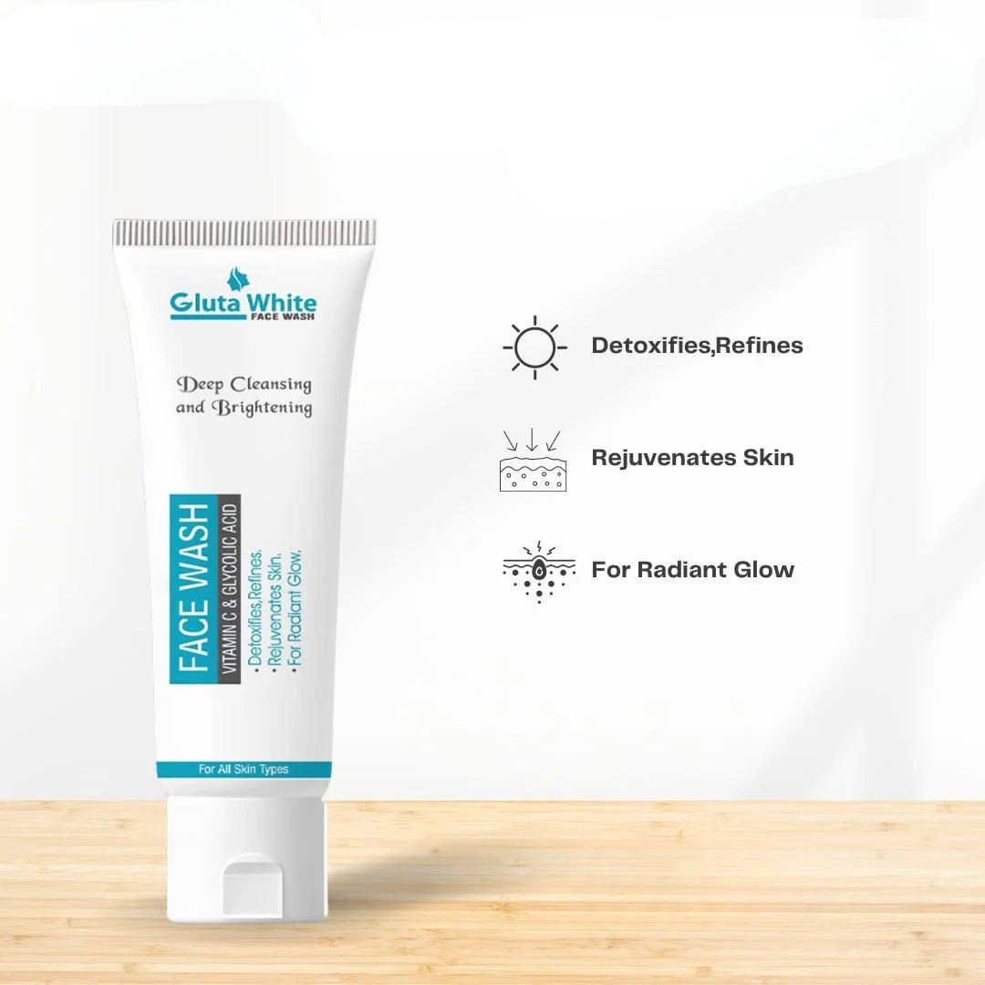 Gluta White face wash tube with product features on a white background