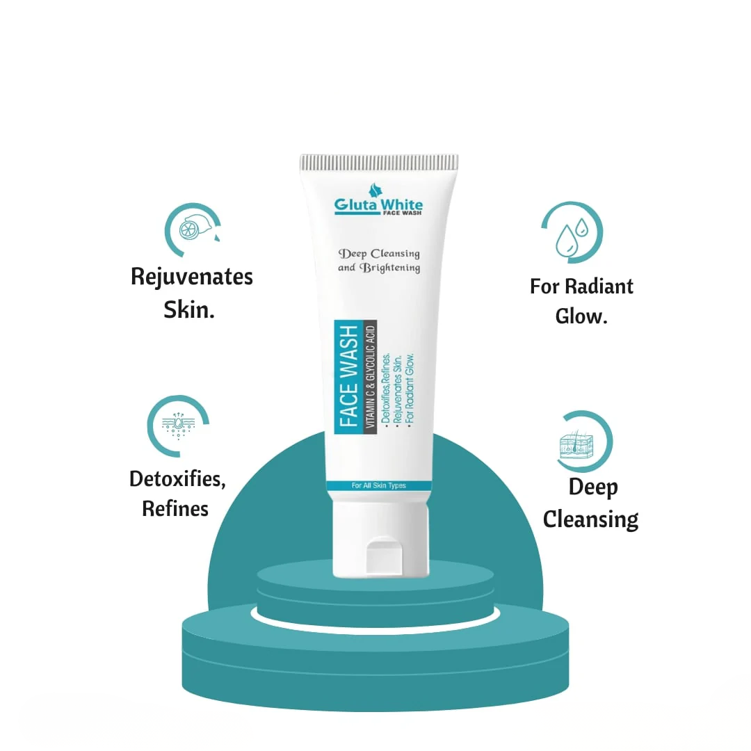 Gluta White face wash tube with benefits on a white background