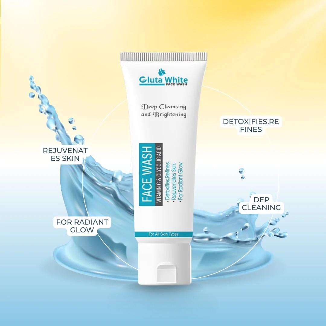 Gluta White face wash tube with water splashes on a gradient background