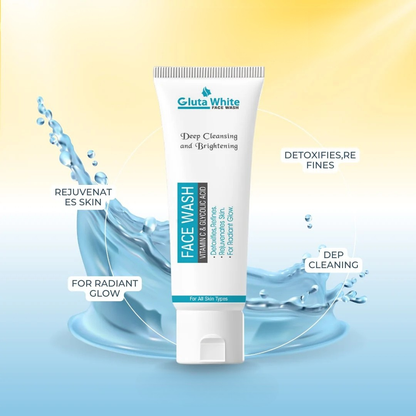 Gluta White face wash tube with water splashes on a gradient background