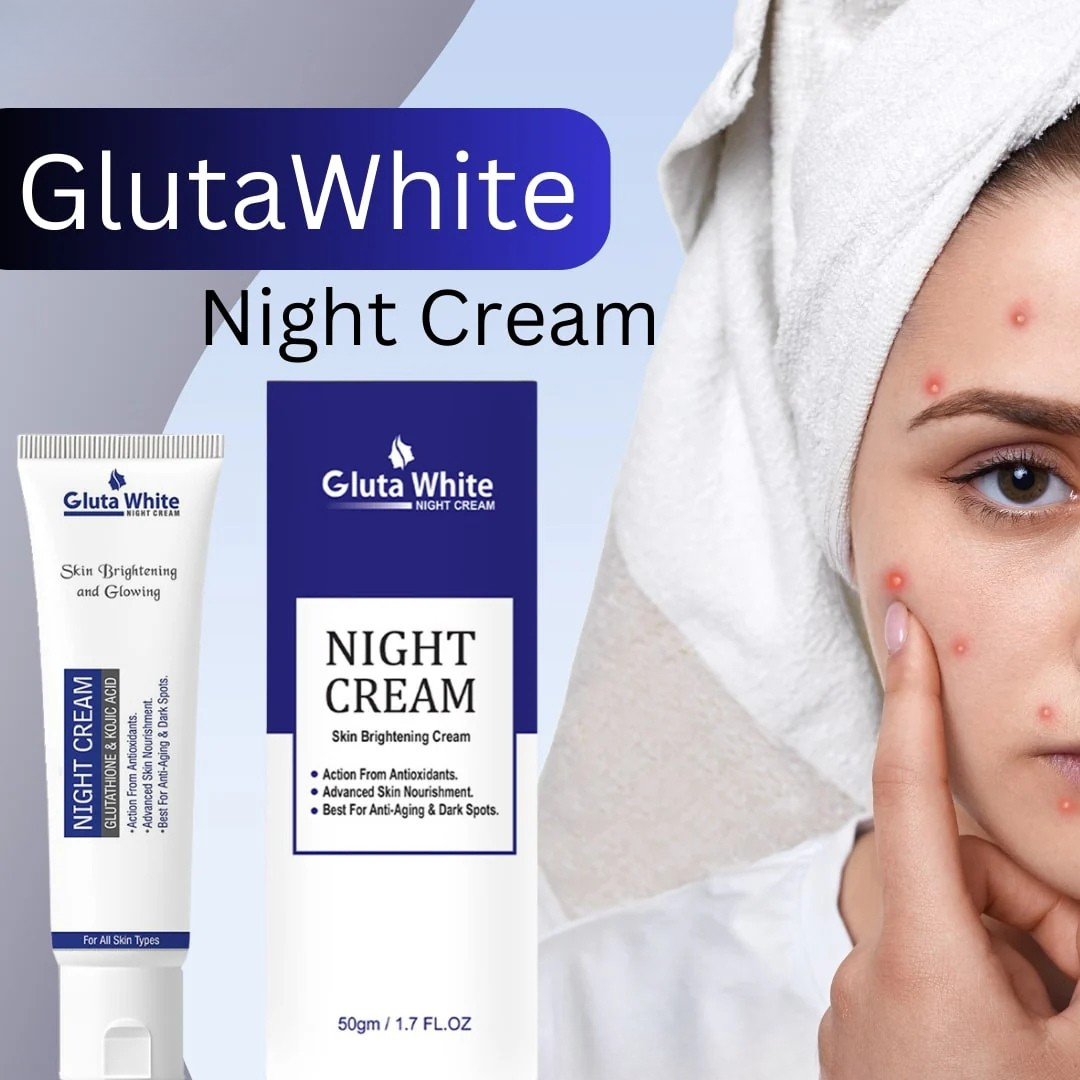 GlutaWhite Night Cream packaging with a woman applying cream to her face.
