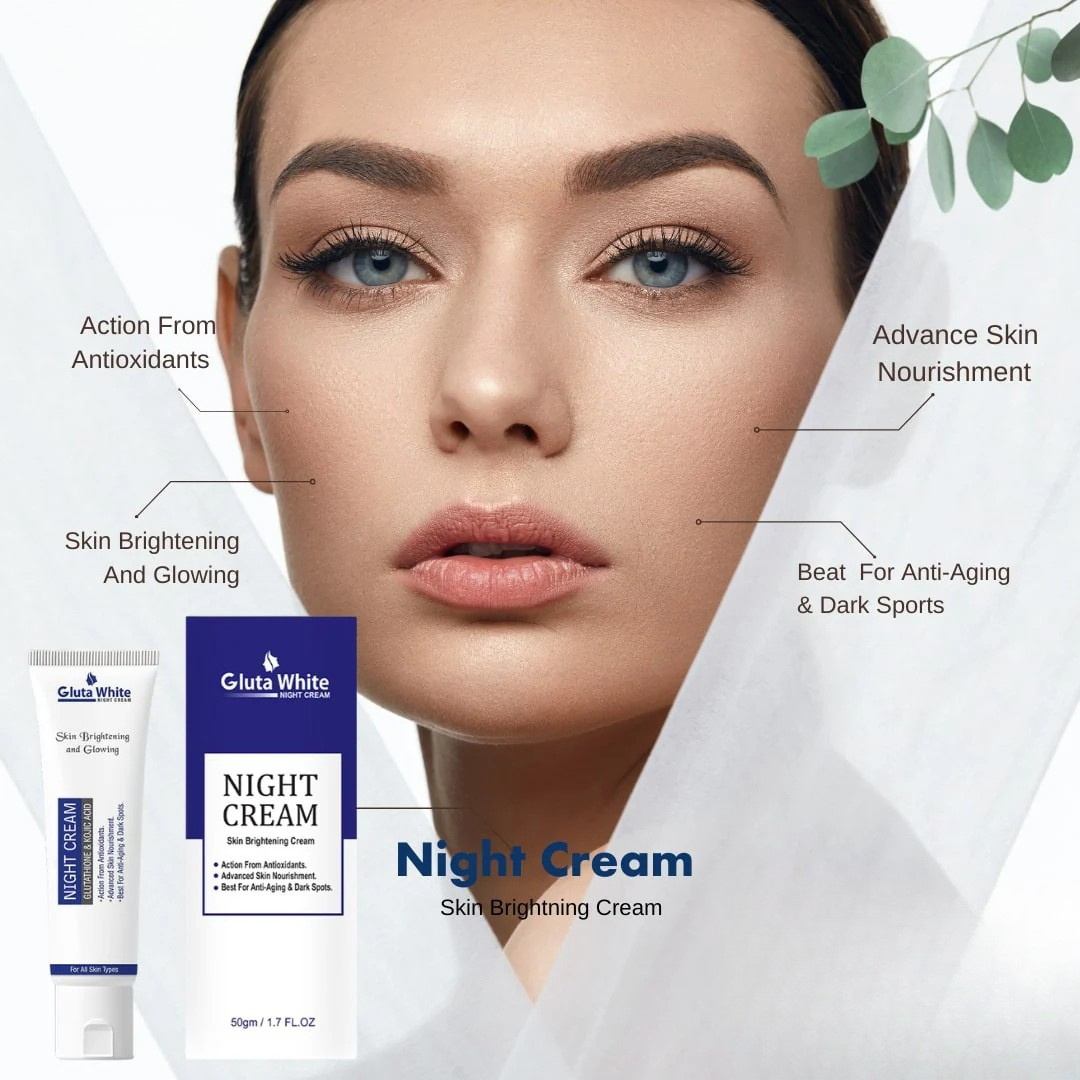Woman's face with Gluta White Night Cream packaging and product details.