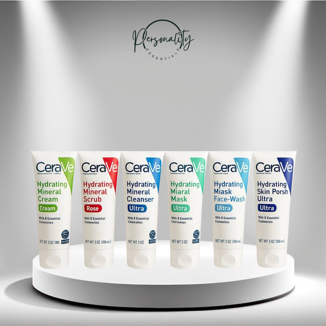 CeraVe skincare product lineup on a white stand with a gray background