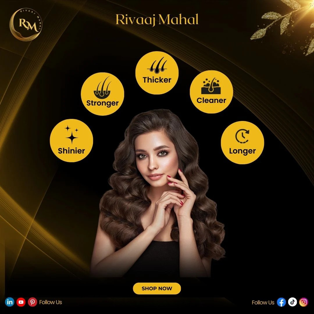 Woman with styled hair surrounded by icons and text about hair benefits, with 'Rivaaj Mahal' branding.