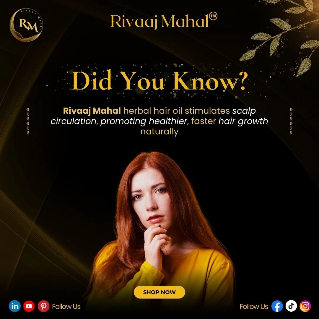 Advertisement for Rivaaj Mahal herbal hair oil with a woman and promotional text on a dark background