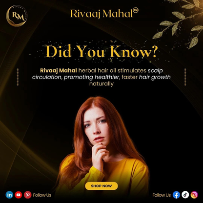 Advertisement for Rivaaj Mahal herbal hair oil with a woman and promotional text on a dark background
