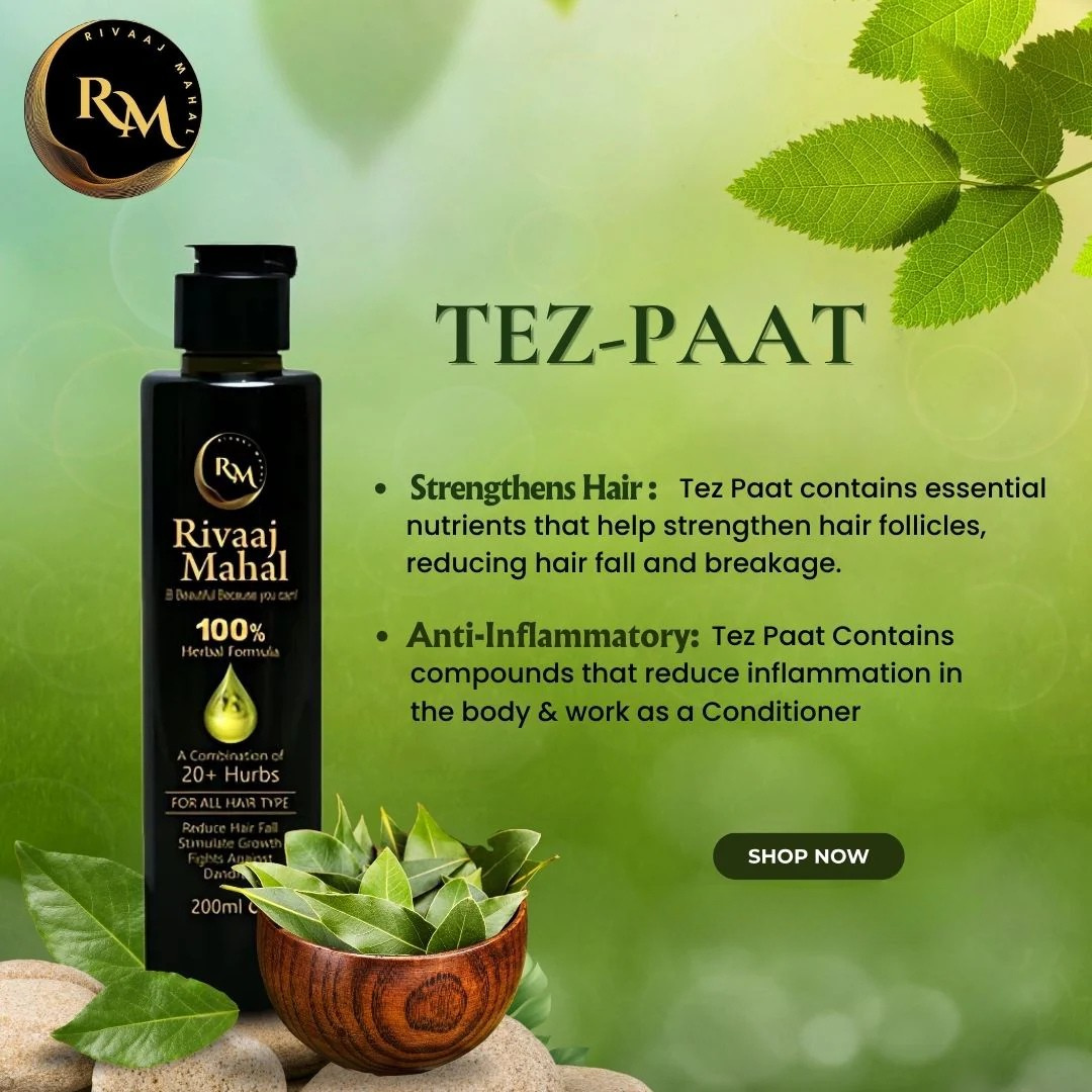 Rivaaj Mahal Tez Paat hair care product with green leaves and text on a green background