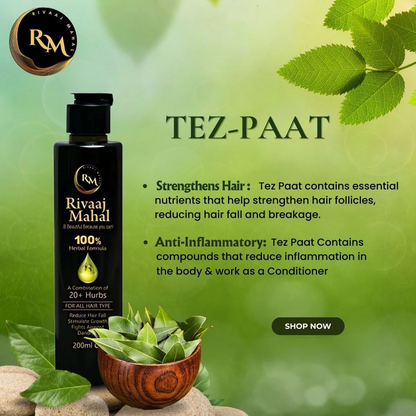 Rivaaj Mahal Tez Paat hair care product with green leaves and text on a green background