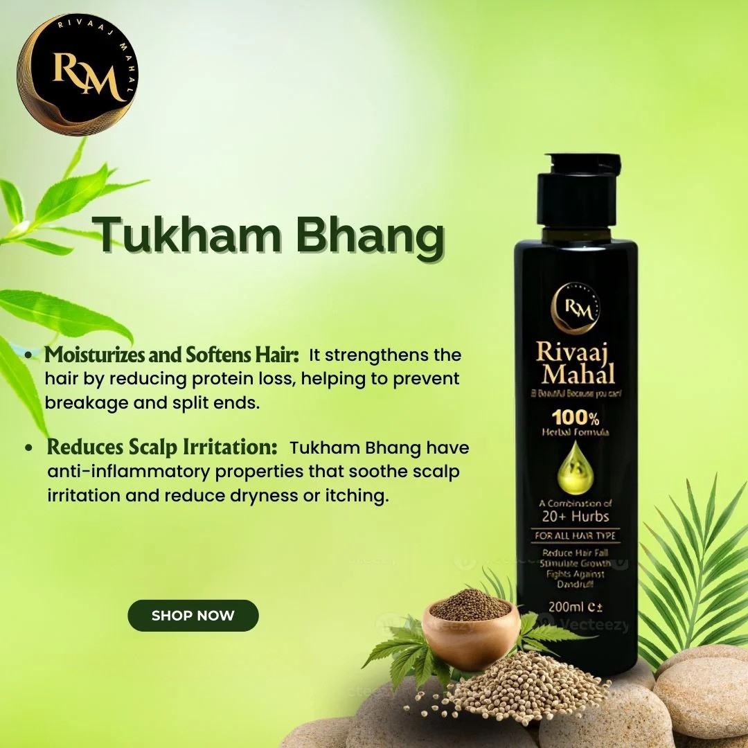 Rivaaj Mahal Tukham Bhang hair care product with text on a green background