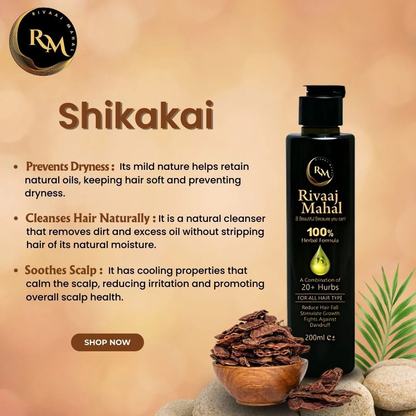 Rivaaj Mahal Shikakai product with text on a warm background