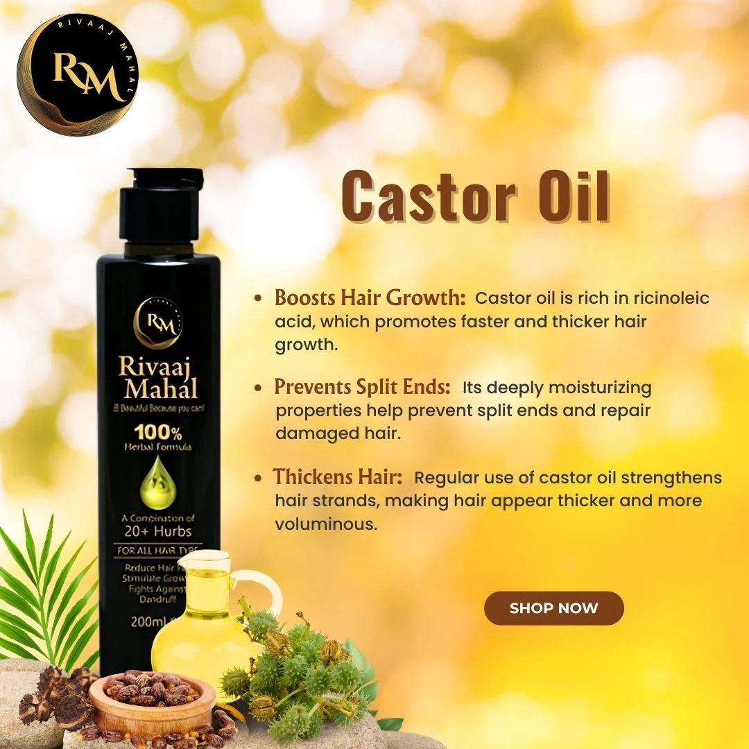 Rivaaj Mahal castor oil bottle with product features and benefits on a yellow background