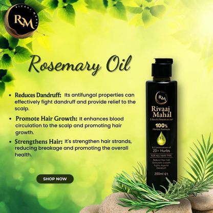Rivaaj Mahal Rosemary Oil bottle with product benefits on a green background