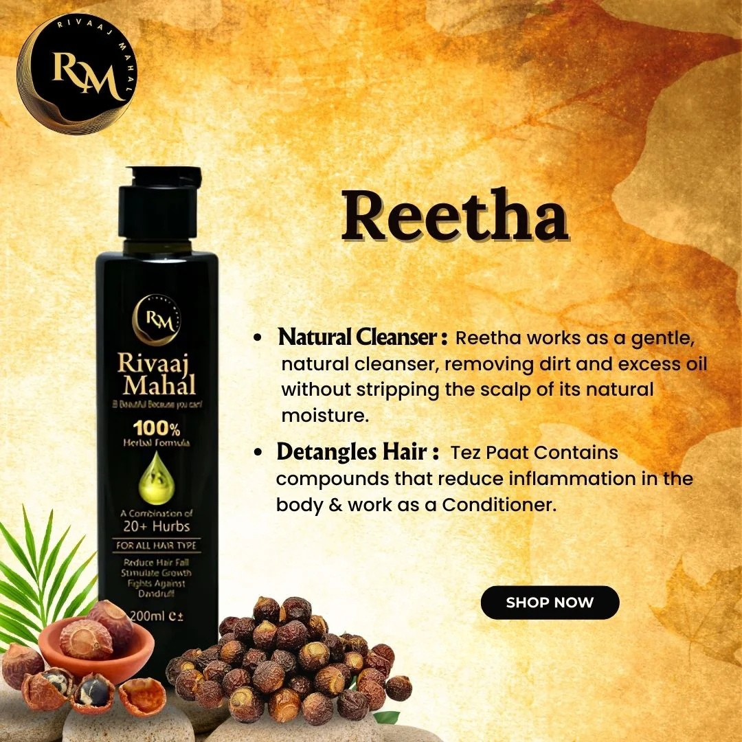 Rivaj Mahal Reetha product with text on a textured background